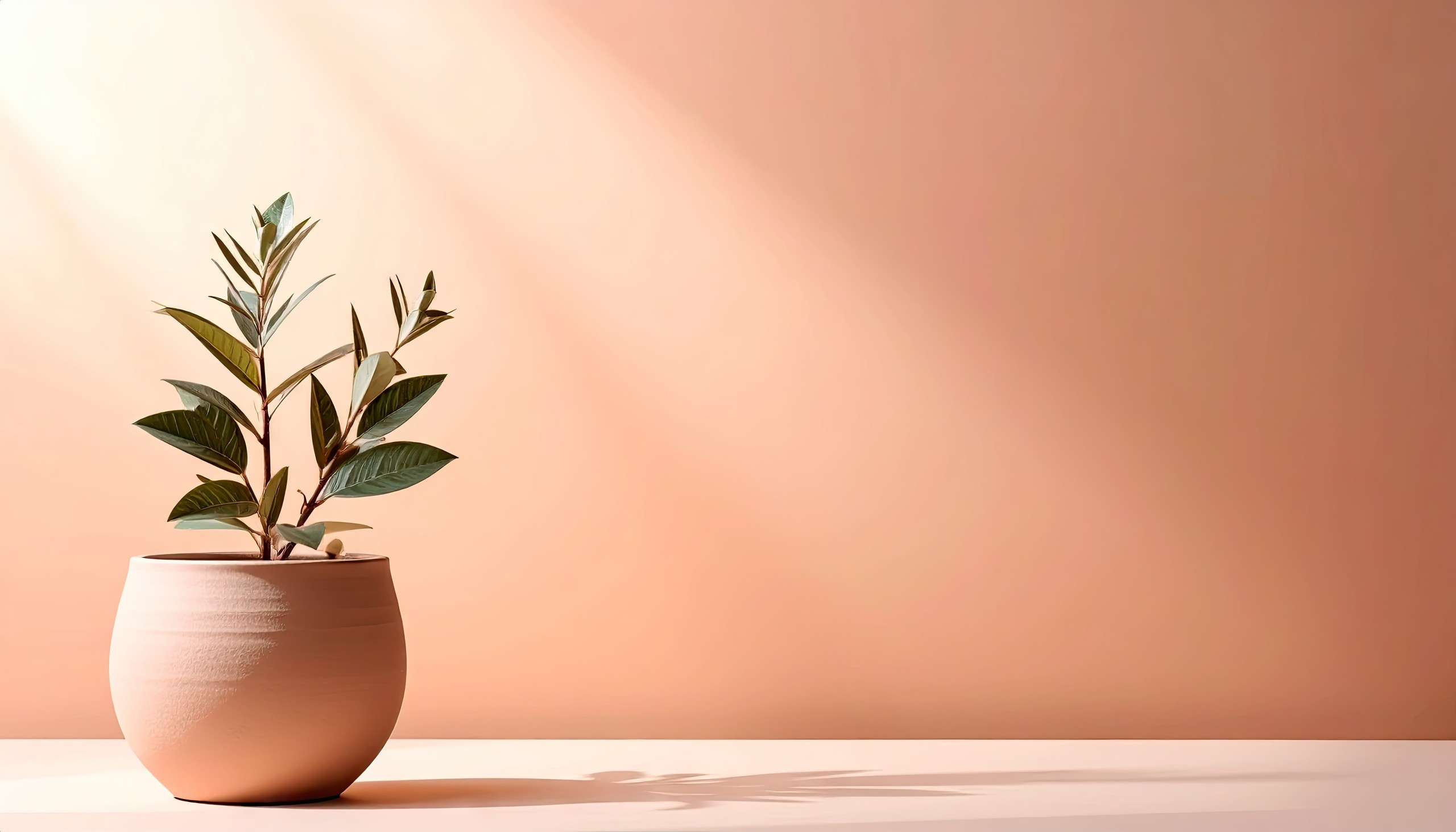 Olive plant in a terracotta pot against a warm peach background